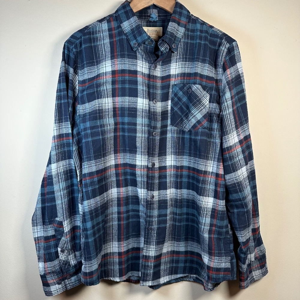 Boston Traders Mens Flannel Shirt Button‎ Up Long Sleeve Plaid Blue L